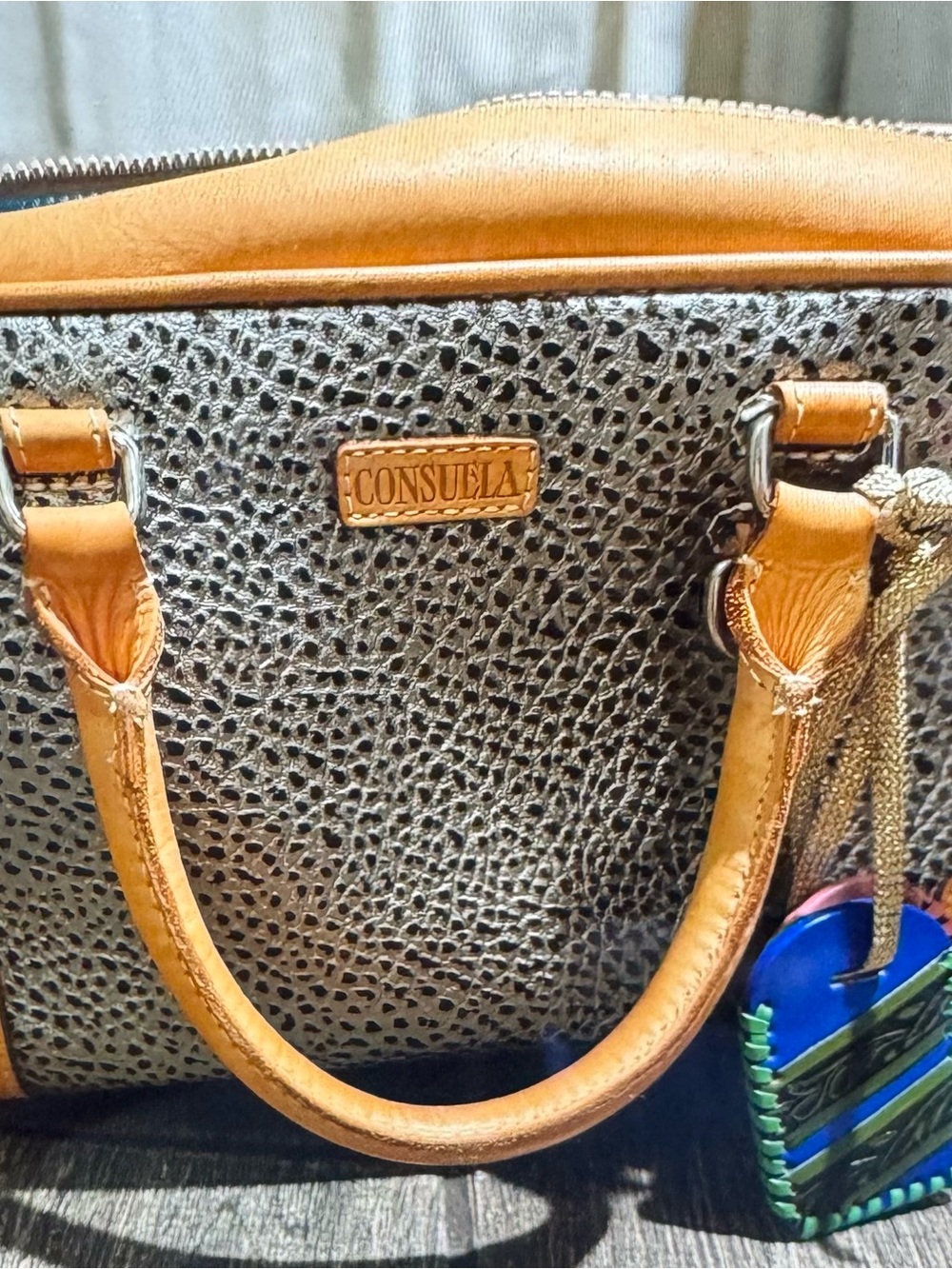Consuela Tommy Tan Leather-Trim Metallic Textured Satchel